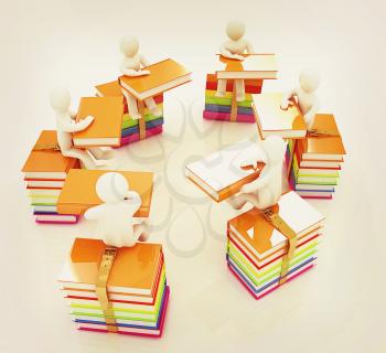 3d mans with book sits on a colorful glossy books on a white background. 3D illustration. Vintage style.