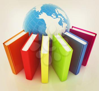 Colorful books and earth on a white background. 3D illustration. Vintage style.