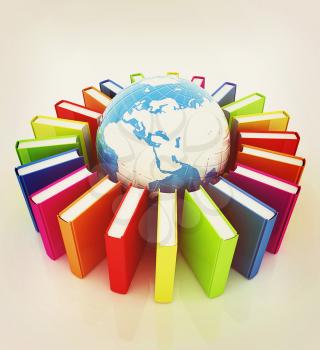 Colorful books and earth on a white background. 3D illustration. Vintage style.