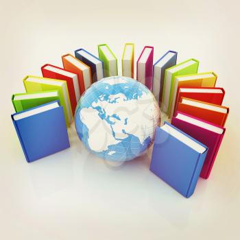 Colorful books and earth on a white background. 3D illustration. Vintage style.