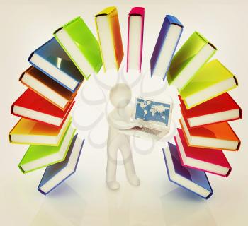 Colorful books like the rainbow and 3d man with laptop on a white background. 3D illustration. Vintage style.