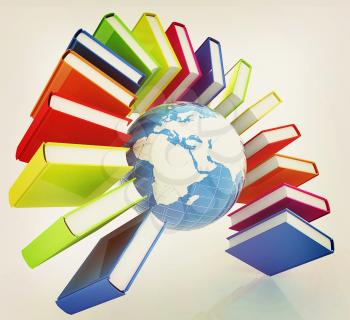 Colorful books like the rainbow and earth on a white background. 3D illustration. Vintage style.