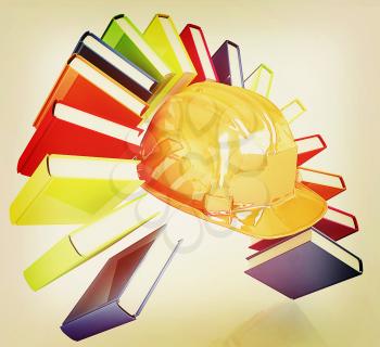 Colorful books like the rainbow and hard hat on a white background. 3D illustration. Vintage style.