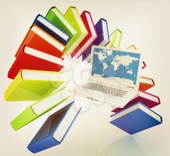 Laptop and books flying on a white background. 3D illustration. Vintage style.