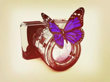 3d illustration of photographic camera and butterfly on white background. 3D illustration. Vintage style.