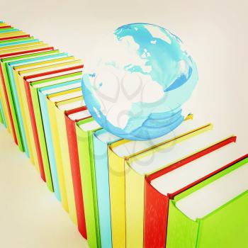 Colorful books and earth on a white background. 3D illustration. Vintage style.