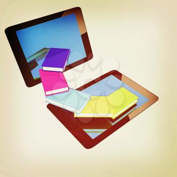 tablet pc and colorful real books on white background. 3D illustration. Vintage style.