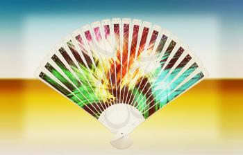 Colorful hand fan on a white background. 3D illustration. Vintage style.