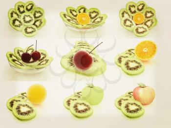 Set of slices of kiwi on a white . 3D illustration. Vintage style.