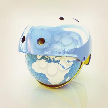 Bicycle helmet on earth. The concept of healthy life and sport on a white background. 3D illustration. Vintage style.