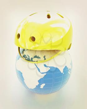 Bicycle helmet on earth. The concept of healthy life and sport on a white background. 3D illustration. Vintage style.