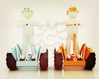 3d people in riding on a personal and ecological transport in helmet and holding hands. Concept of partnership. 3D illustration. Vintage style.