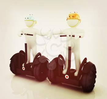 3d people in riding on a personal and ecological transport in helmet and holding hands. Concept of partnership. 3D illustration. Vintage style.