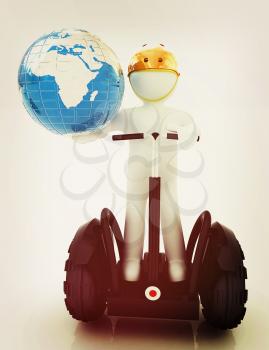 3d white person riding on a personal and ecological transport and earth.Global ecology and healthy life concept.3d image. . 3D illustration. Vintage style.