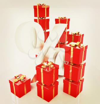 Percentage and gifts on a white background . 3D illustration. Vintage style.