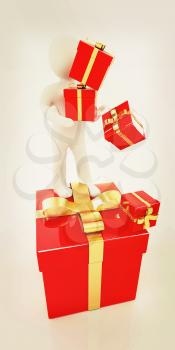 на белом фоне 3d man and red gifts with gold ribbon on a white background. 3D illustration. Vintage style.