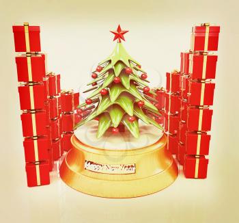 Christmas tree and gifts on a white background. 3D illustration. Vintage style.