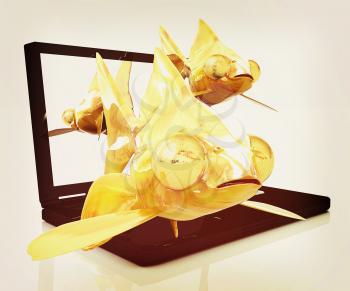 Gold fishea and laptop on a white background. 3D illustration. Vintage style.