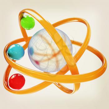 3d atom isolated on white background . 3D illustration. Vintage style.