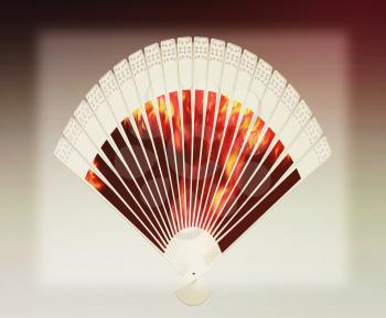 Colorful hand fan isolated on gray. 3D illustration. Vintage style.