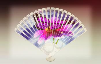 Colorful hand fan. Isolated on gray. 3D illustration. Vintage style.