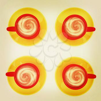 Coffee cups on saucer on a white background. 3D illustration. Vintage style.