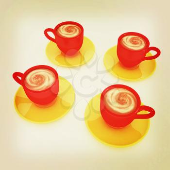 Coffee cups on saucer on a white background. 3D illustration. Vintage style.