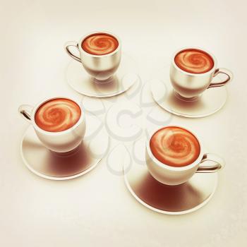 Coffee cups on saucer on a white background. 3D illustration. Vintage style.