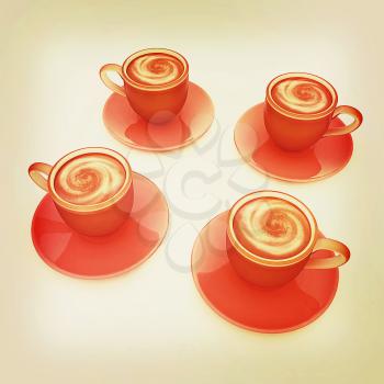 Coffee cups on saucer on a white background. 3D illustration. Vintage style.