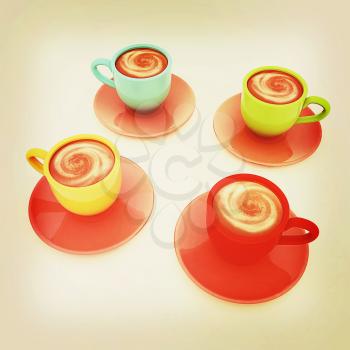 Coffee cups on saucer on a white background. 3D illustration. Vintage style.