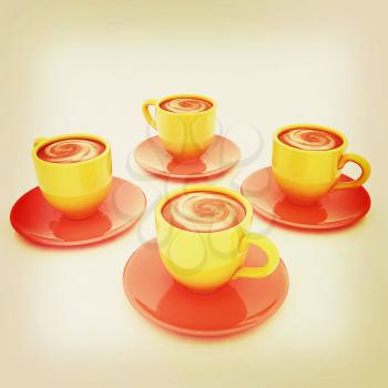 Coffee cups on saucer on a white background. 3D illustration. Vintage style.