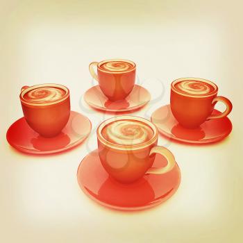 Coffee cups on saucer on a white background. 3D illustration. Vintage style.