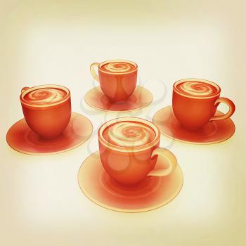 Coffee cups on saucer on a white background. 3D illustration. Vintage style.