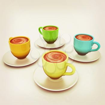 Coffee cups on saucer on a white background. 3D illustration. Vintage style.