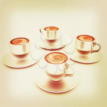 Coffee cups on saucer on a white background. 3D illustration. Vintage style.