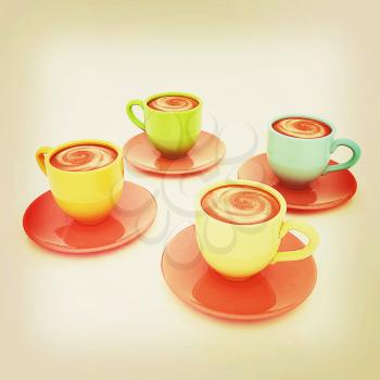 Coffee cups on saucer on a white background. 3D illustration. Vintage style.