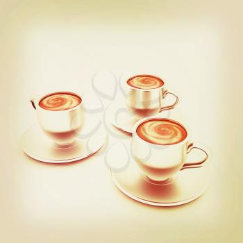 Coffee cups on saucer on a white background. 3D illustration. Vintage style.