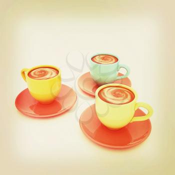 Coffee cups on saucer on a white background. 3D illustration. Vintage style.