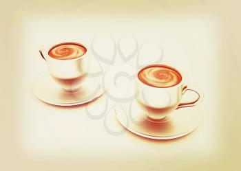 Coffee cups on saucer on a white background. 3D illustration. Vintage style.