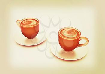 Coffee cups on saucer on a white background. 3D illustration. Vintage style.