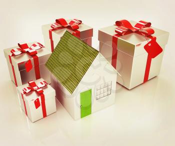 House and gifts. 3D illustration. Vintage style.