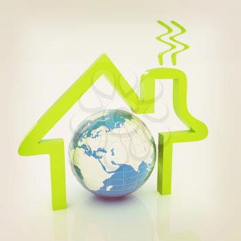 3d green icon house, earth on white background . 3D illustration. Vintage style.