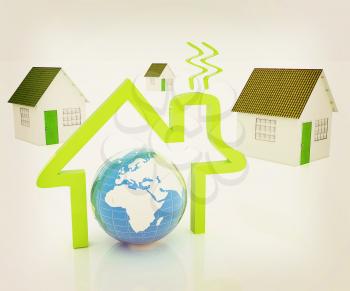 3d green house, earth and icon house on white background . 3D illustration. Vintage style.