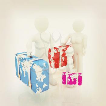 Family travel concept on a white background. 3D illustration. Vintage style.