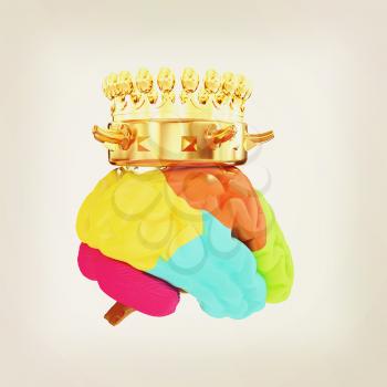 Gold Crown on the brain. 3D illustration. Vintage style.