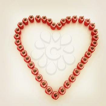 Bulgarian Pepper Heart Shape, On White Background. 3D illustration. Vintage style.