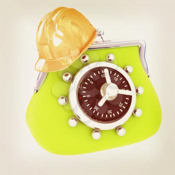 hard hat on purse safe. 3D illustration. Vintage style.