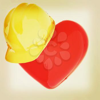 hard hat on heart. 3D illustration. Vintage style.