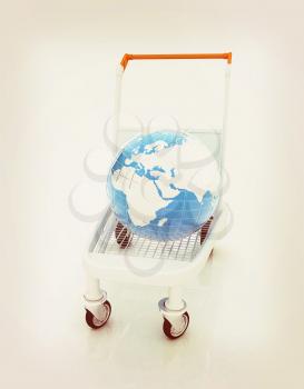 Trolley for luggage at the airport and earth. International tourism concept. 3D illustration. Vintage style.