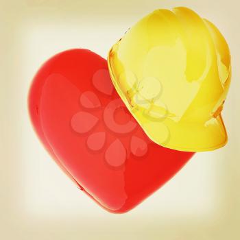 hard hat on heart. 3D illustration. Vintage style.